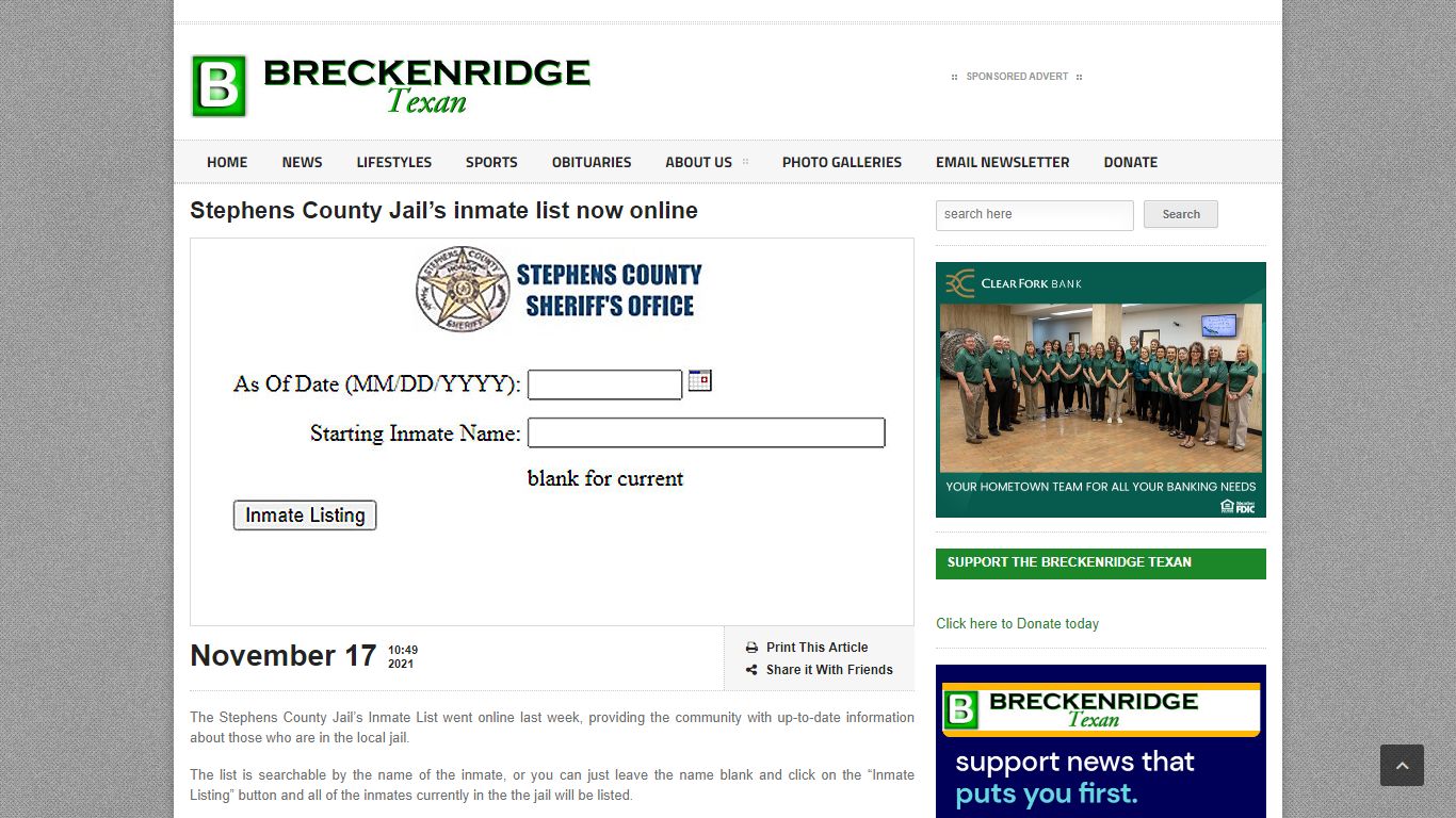 Stephens County Jail's inmate list now online - Breckenridge Texan